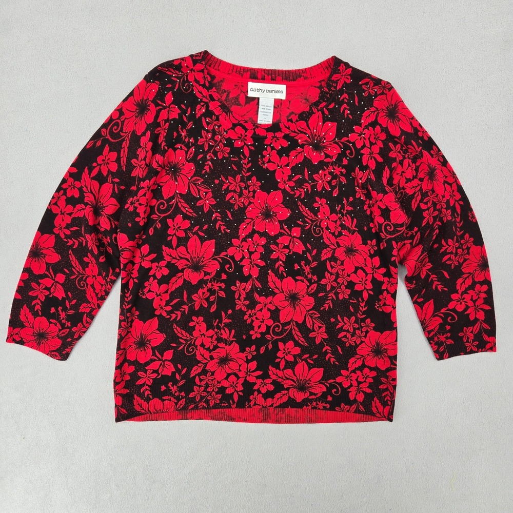 Cathy Daniels Women Large‎ Floral Rhinestone 3/4 Sleeve Knit Top Sweater